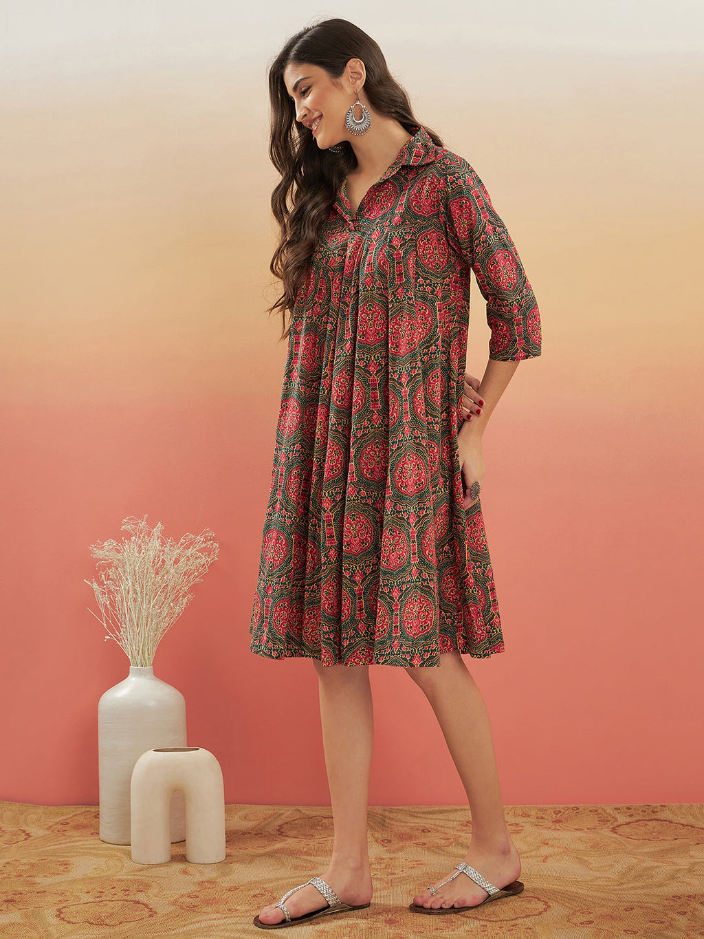 InWeave Women's Green Red Mughal Kalamkari Flared Dress - Distacart