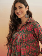 InWeave Women's Green Red Mughal Kalamkari Flared Dress - Distacart
