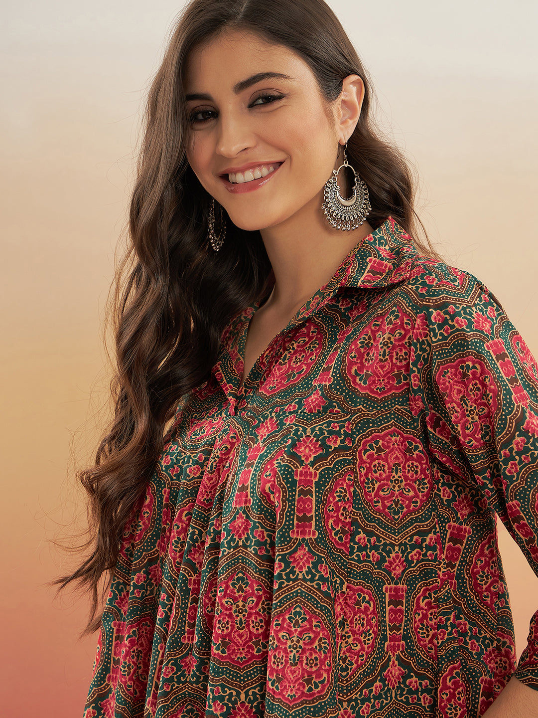 InWeave Women's Green Red Mughal Kalamkari Flared Dress - Distacart
