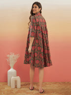 InWeave Women's Green Red Mughal Kalamkari Flared Dress - Distacart