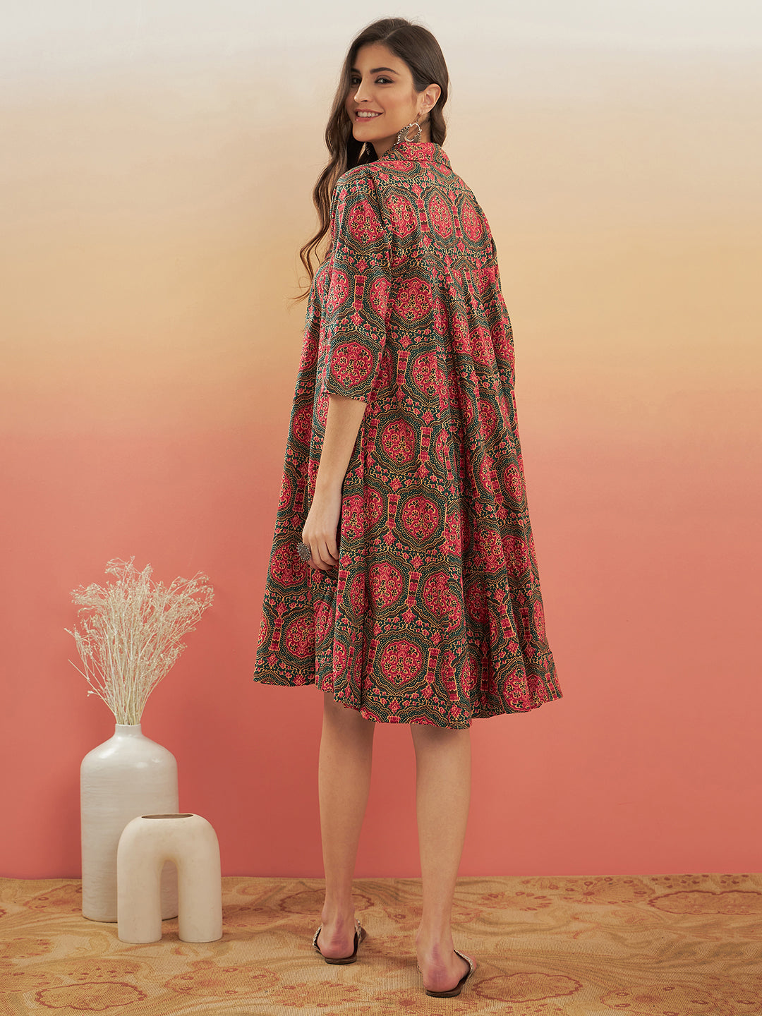 InWeave Women's Green Red Mughal Kalamkari Flared Dress - Distacart