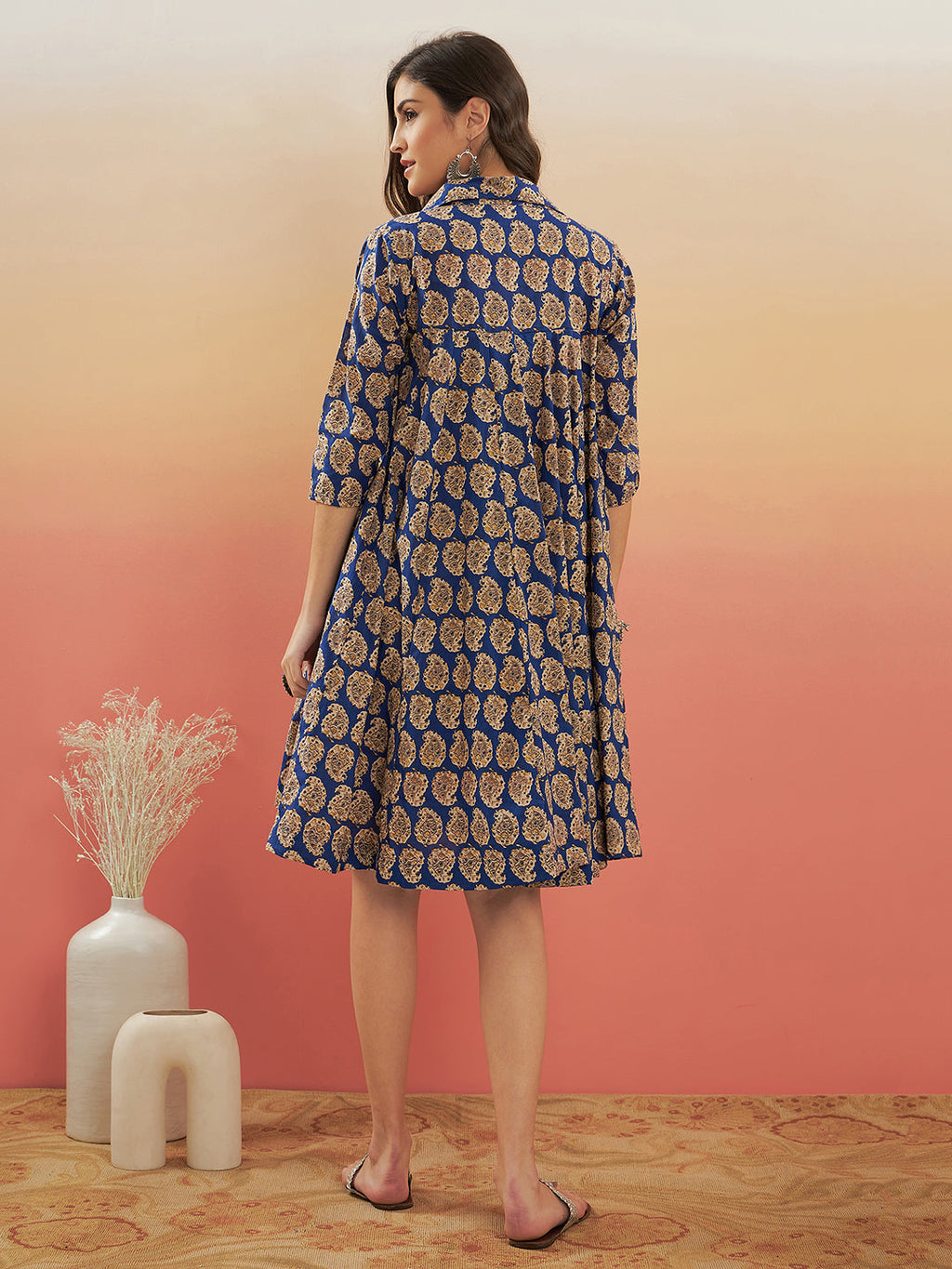 InWeave Women's Ink Blue Small Paisley Kalamkari Flared Dress - Distacart