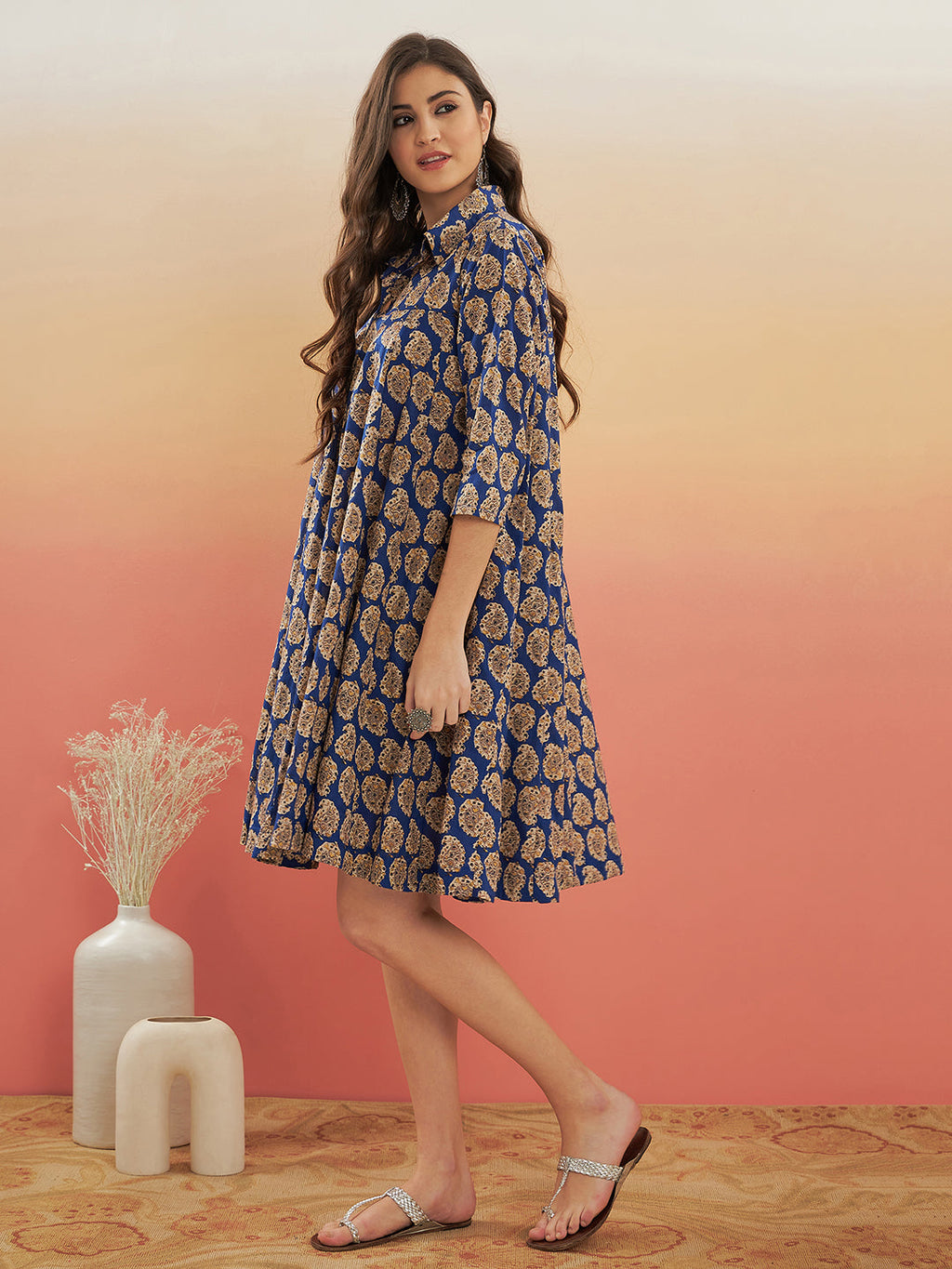 InWeave Women's Ink Blue Small Paisley Kalamkari Flared Dress - Distacart