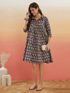 InWeave Women's Ink Blue Small Paisley Kalamkari Flared Dress - Distacart
