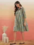 InWeave Women's Dull Green Leaf Floral Print Flared Dress - Distacart