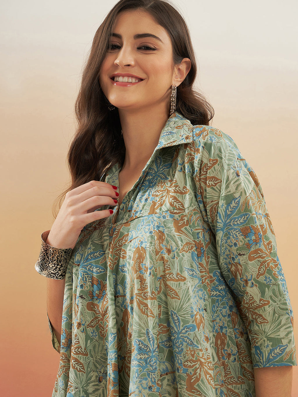InWeave Women's Dull Green Leaf Floral Print Flared Dress - Distacart