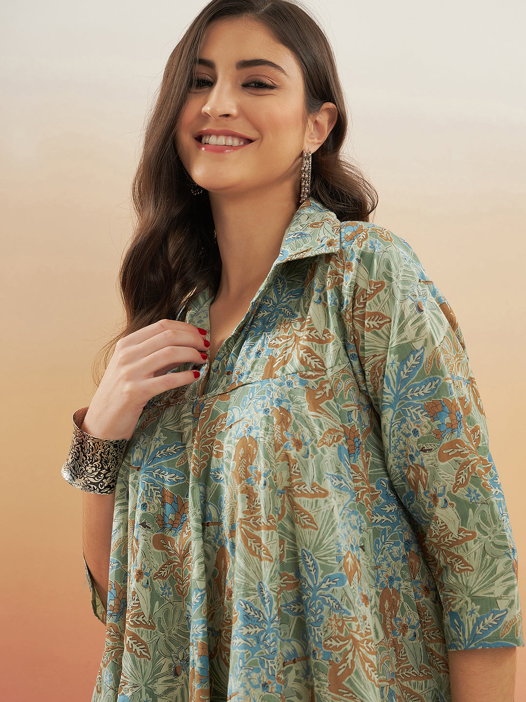 InWeave Women's Dull Green Leaf Floral Print Flared Dress - Distacart