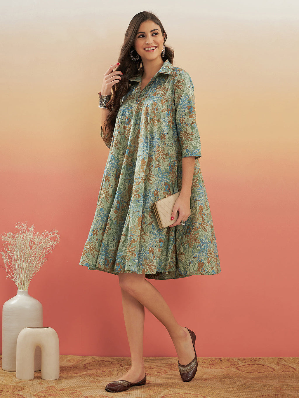 InWeave Women's Dull Green Leaf Floral Print Flared Dress - Distacart