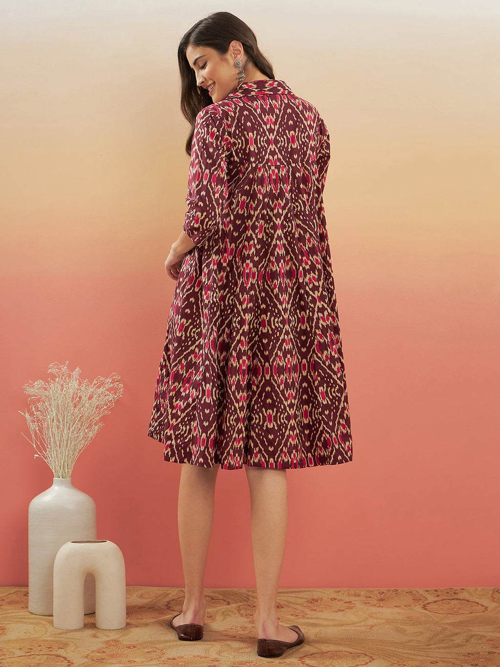 InWeave Women's Wine Ikkat Print Flared Dress - Distacart