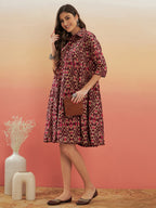 InWeave Women's Wine Ikkat Print Flared Dress - Distacart