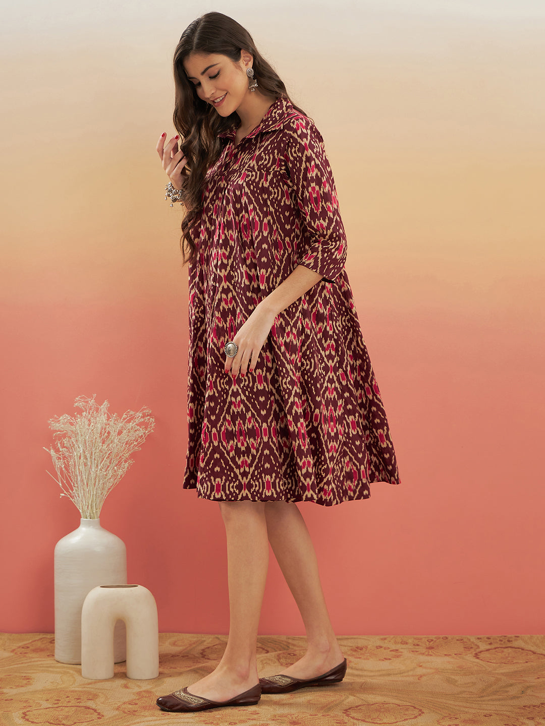 InWeave Women's Wine Ikkat Print Flared Dress - Distacart