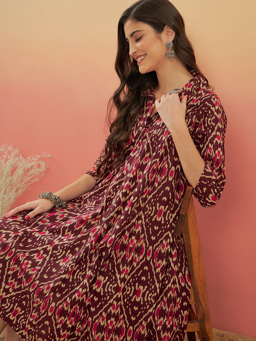 InWeave Women's Wine Ikkat Print Flared Dress - Distacart