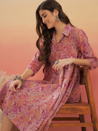 InWeave Women's Pink Coral Floral Print Flared Dress - Distacart