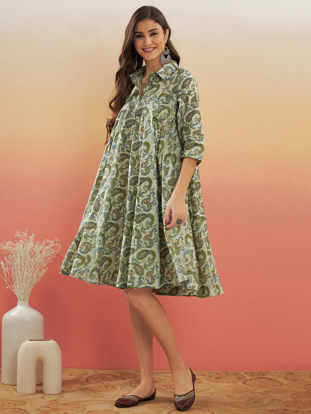 InWeave Women's Sage Green Paisley Print Flared Dress - Distacart