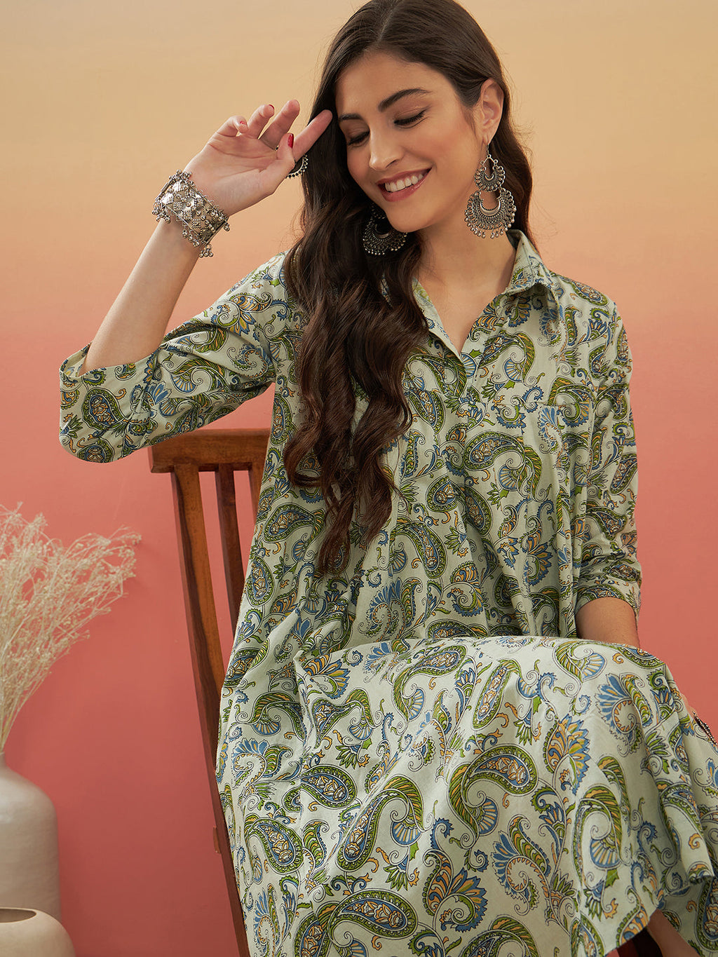 InWeave Women's Sage Green Paisley Print Flared Dress - Distacart