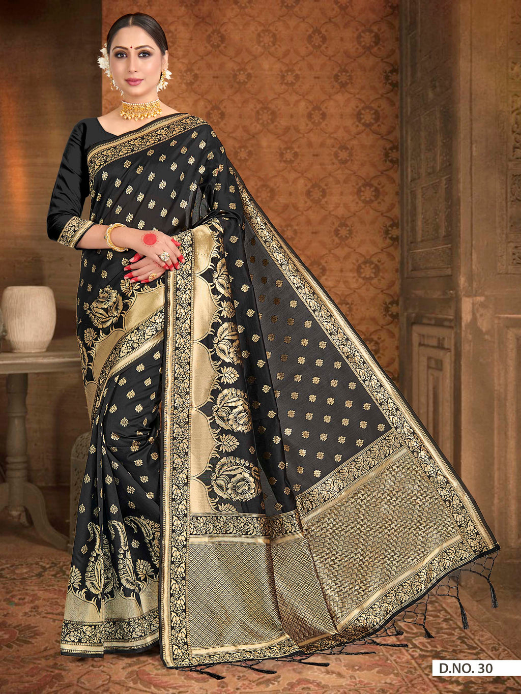 Vardha Black Woven Banarasi Saree With Brocade Pallu