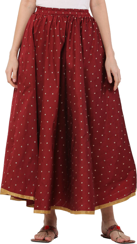 PAVONINE Maroon Color Golden Zari Work Satan Fabric Maxi Skirt For Women