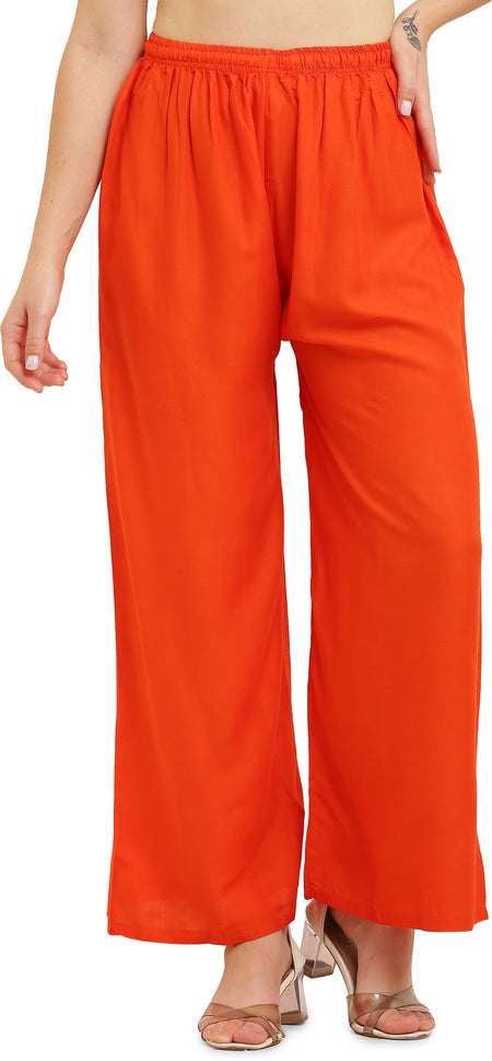 PAVONINE Orange Color Straight Fit Rayon Fabric Palazzo