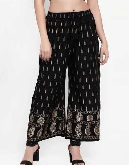 PAVONINE Black Color Rayon Fabric Bhutta Print Palazzo For Women