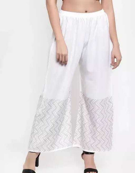 PAVONINE White Color Rayon Fabric Zig-Zag Printed Palazzo For Women