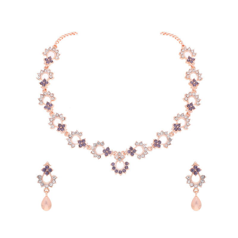 Tehzeeb Creations Gold-Polished Lavender Diamond Necklace With Earrings
