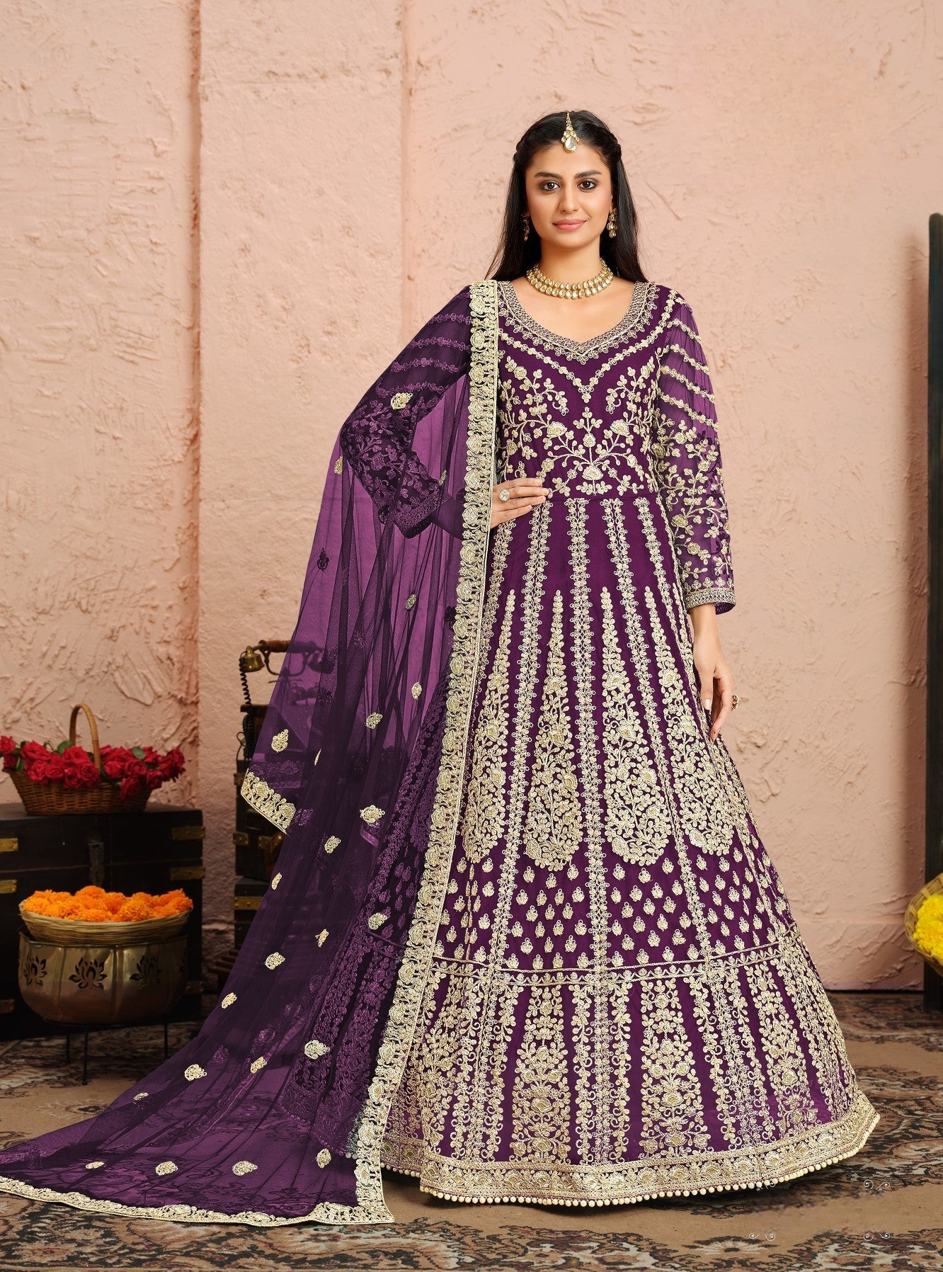 Anaita Purple Embroidered Net Anarkali Suit - Distacart