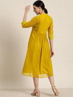 Juniper Mustard Georgette Lacy Midi Dress With Yoke Embroidery & Show Buttons - Distacart