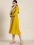 Juniper Mustard Georgette Lacy Midi Dress With Yoke Embroidery & Show Buttons - Distacart