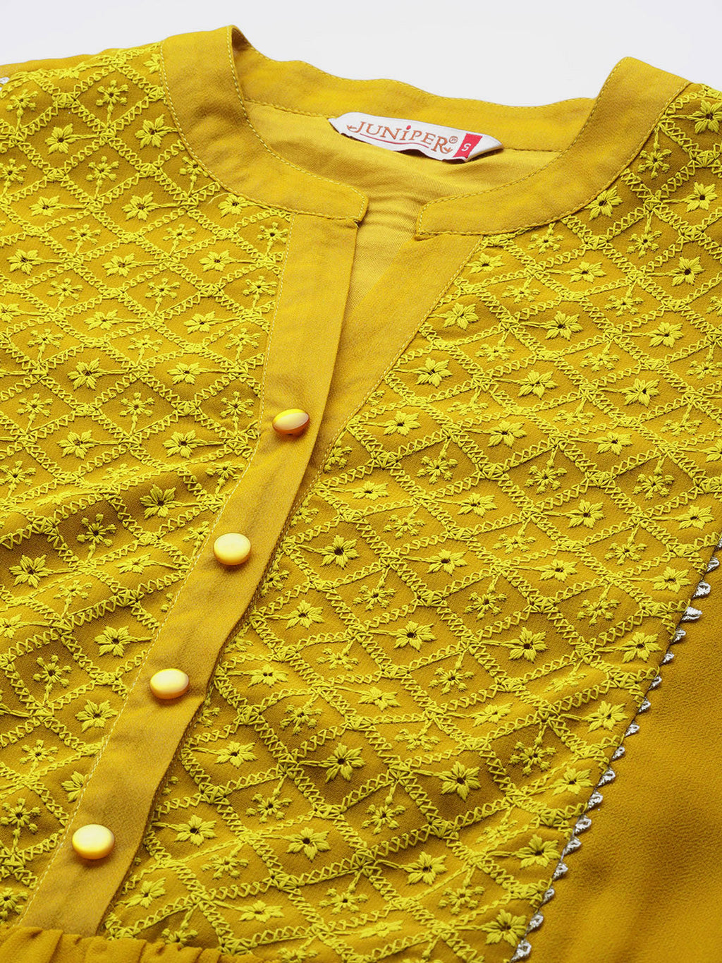 Juniper Mustard Georgette Lacy Midi Dress With Yoke Embroidery & Show Buttons - Distacart