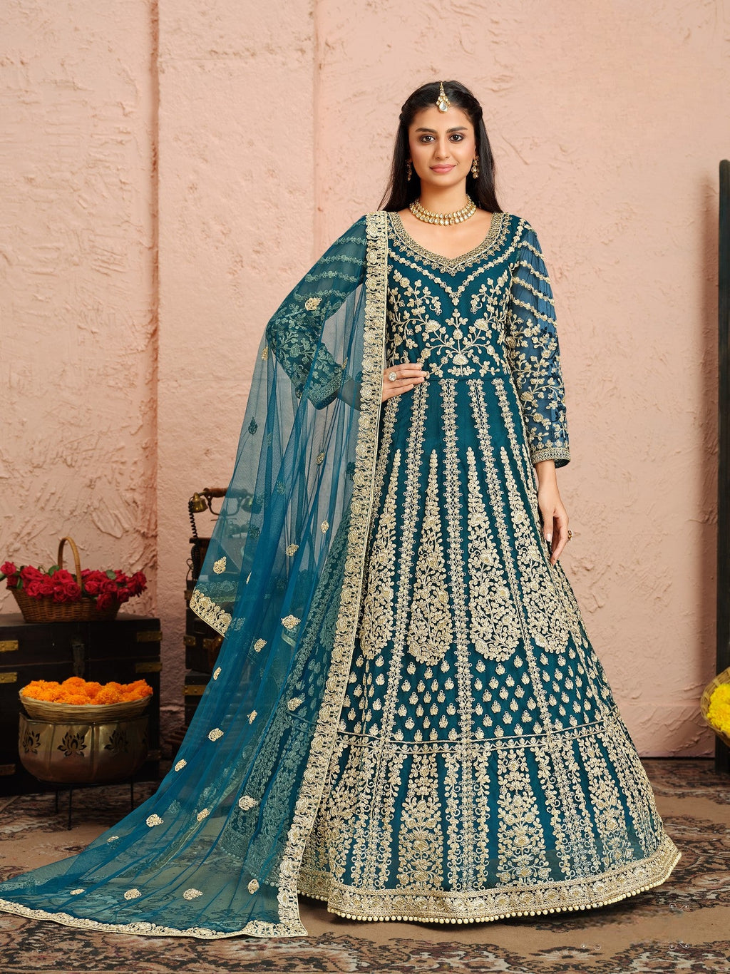 Anaita Teal Embroidered Net Anarkali Suit - Distacart