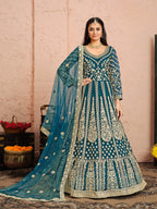 Anaita Teal Embroidered Net Anarkali Suit - Distacart
