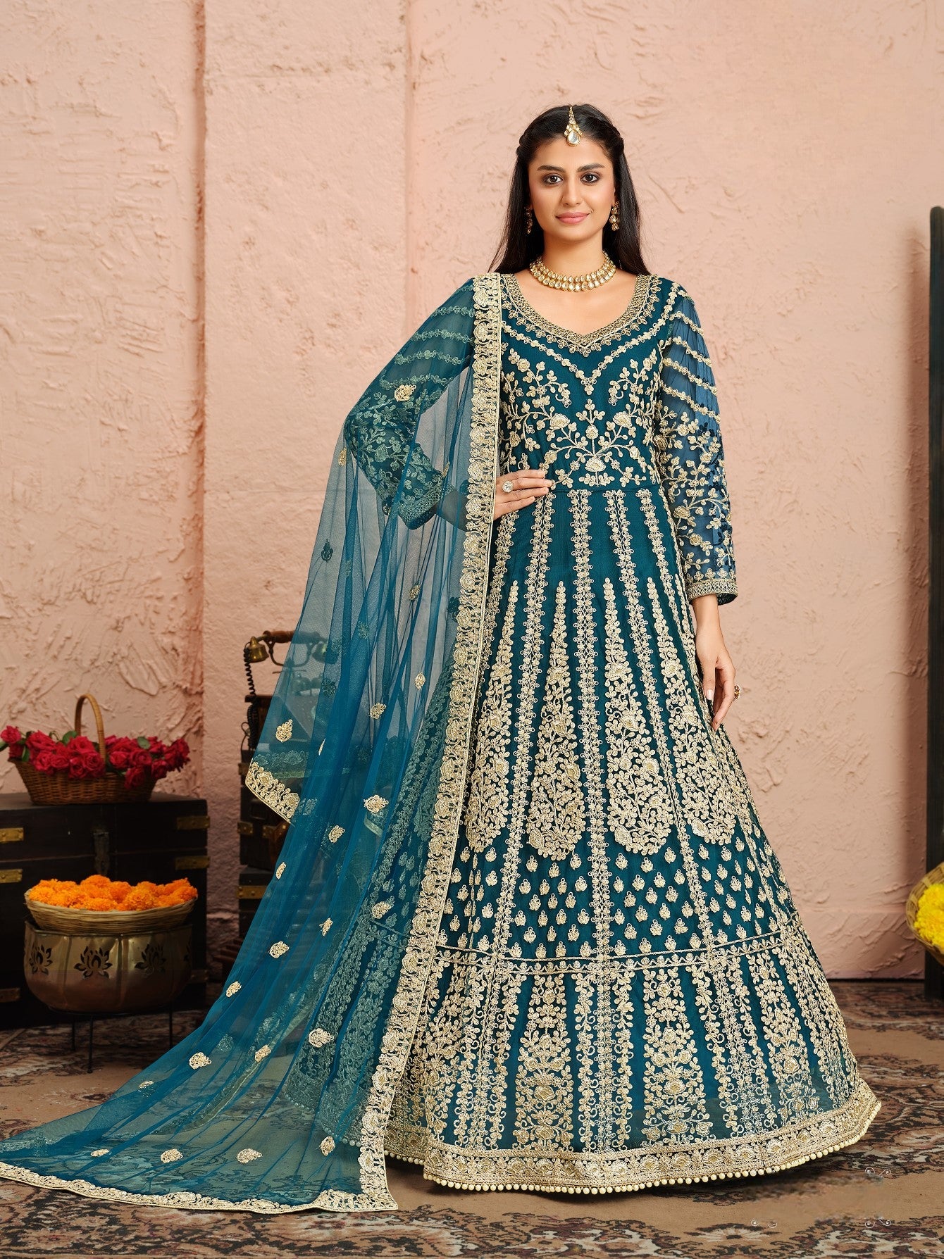 Anaita Teal Embroidered Net Anarkali Suit - Distacart