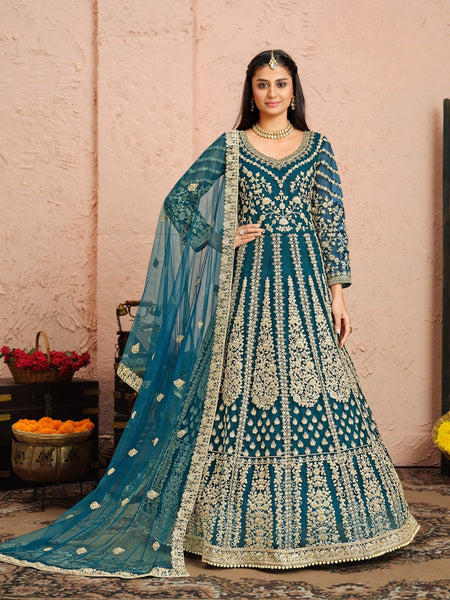 Anaita Teal Embroidered Net Anarkali Suit
