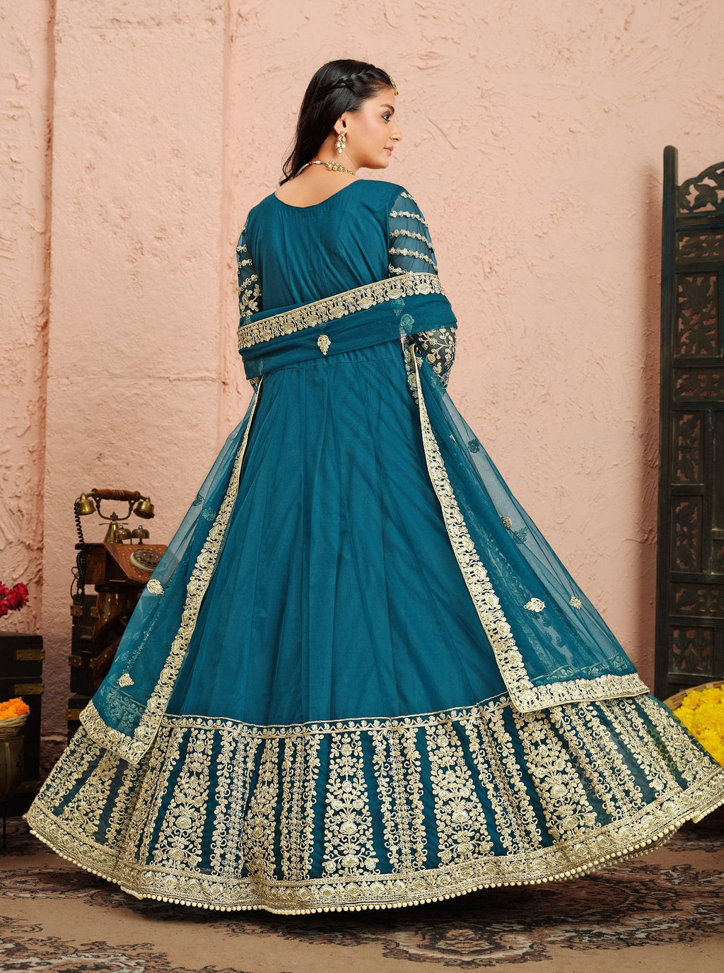 Anaita Teal Embroidered Net Anarkali Suit - Distacart