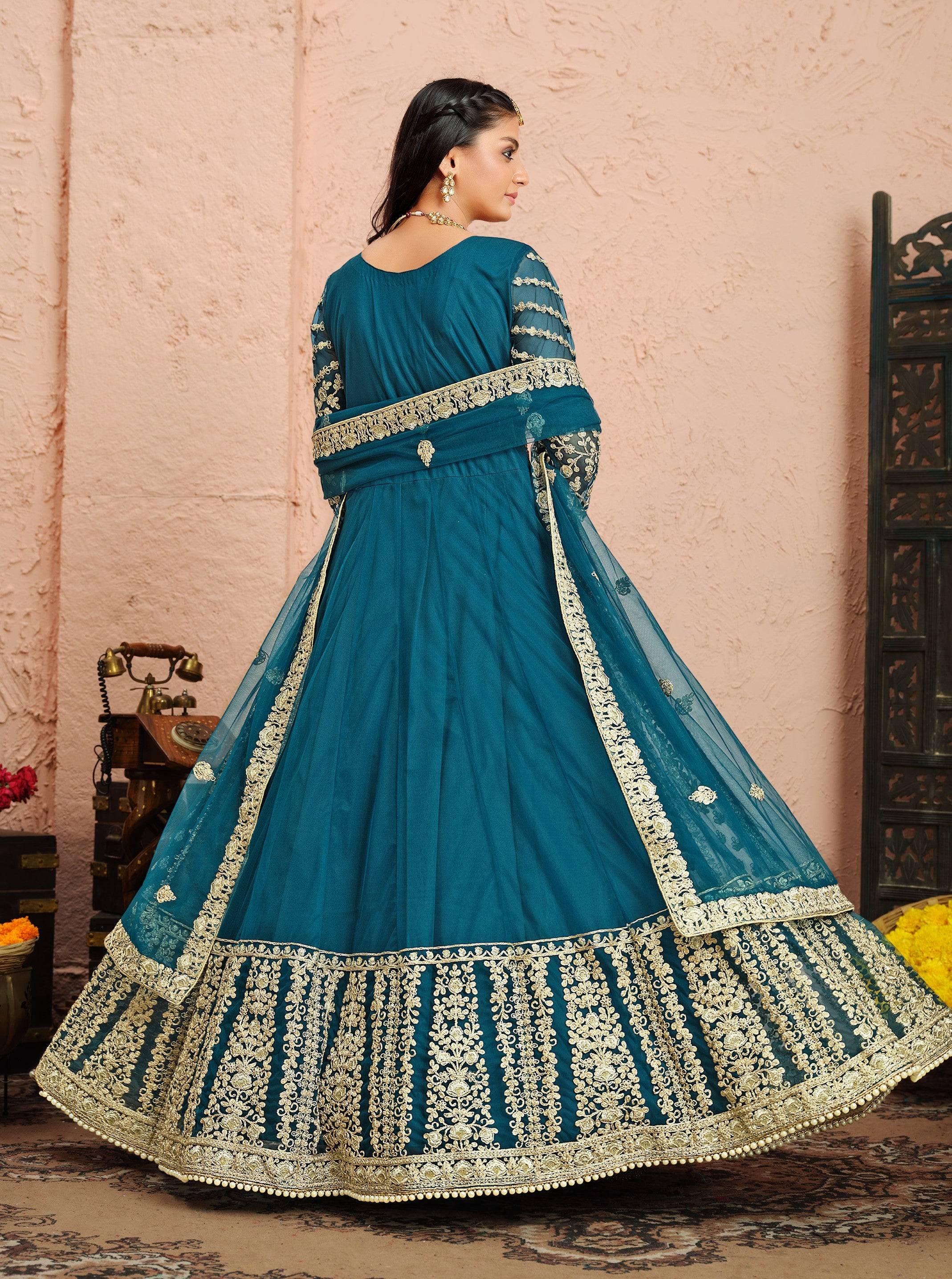 Anaita Teal Embroidered Net Anarkali Suit - Distacart