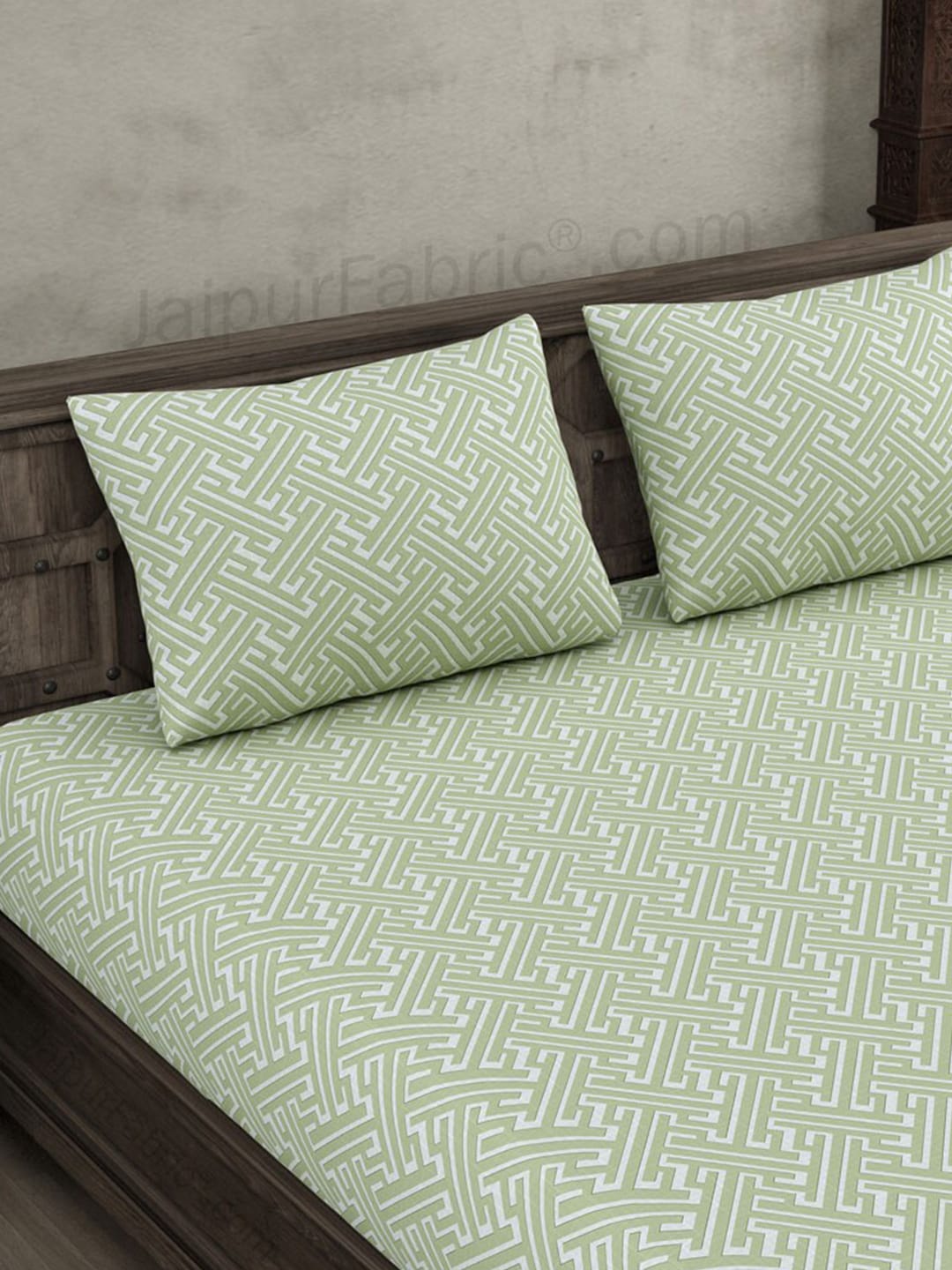 JAIPUR FABRIC Green & White Ethnic Motifs 250 TC Cotton King Bedsheet with 2 Pillow Covers