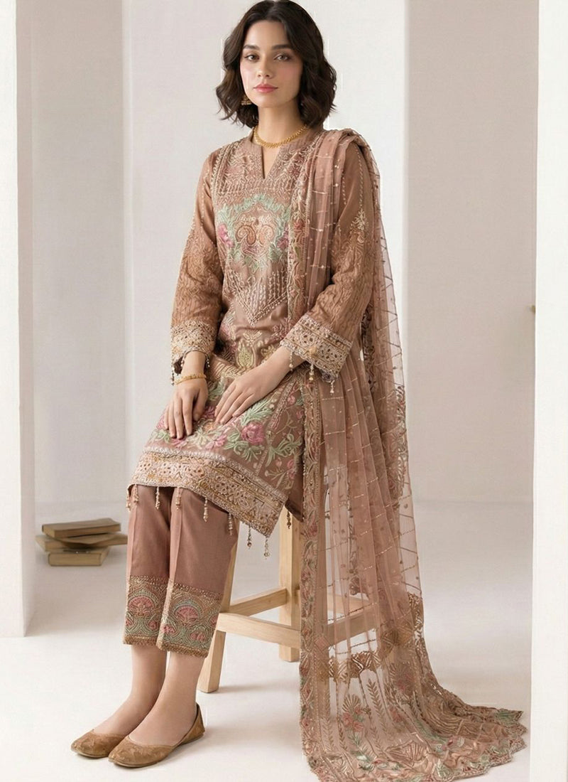 Vegaa Fashion Light Brown Georgette Embroidered Designer Salwar Suit - Distacart