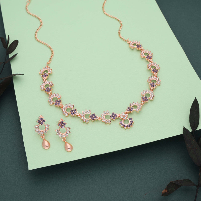 Tehzeeb Creations Gold-Polished Lavender Diamond Necklace With Earrings