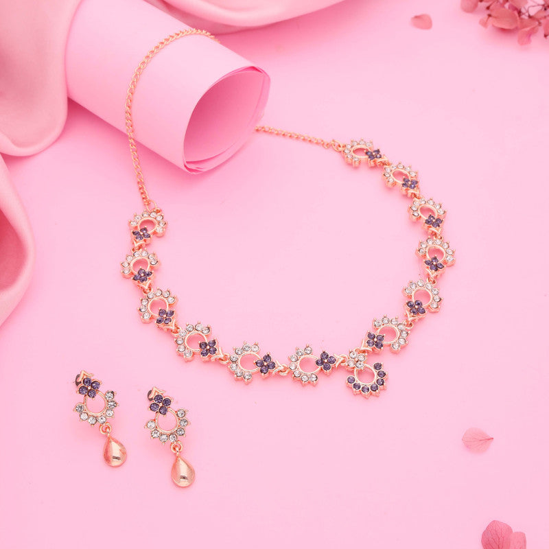 Tehzeeb Creations Gold-Polished Lavender Diamond Necklace With Earrings