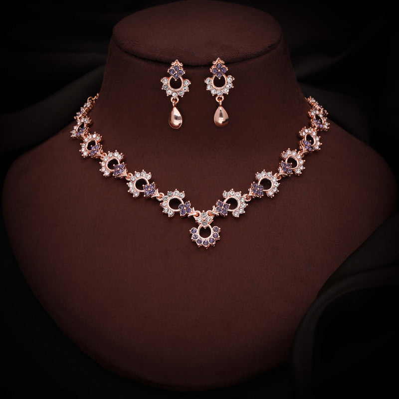 Tehzeeb Creations Gold-Polished Lavender Diamond Necklace With Earrings
