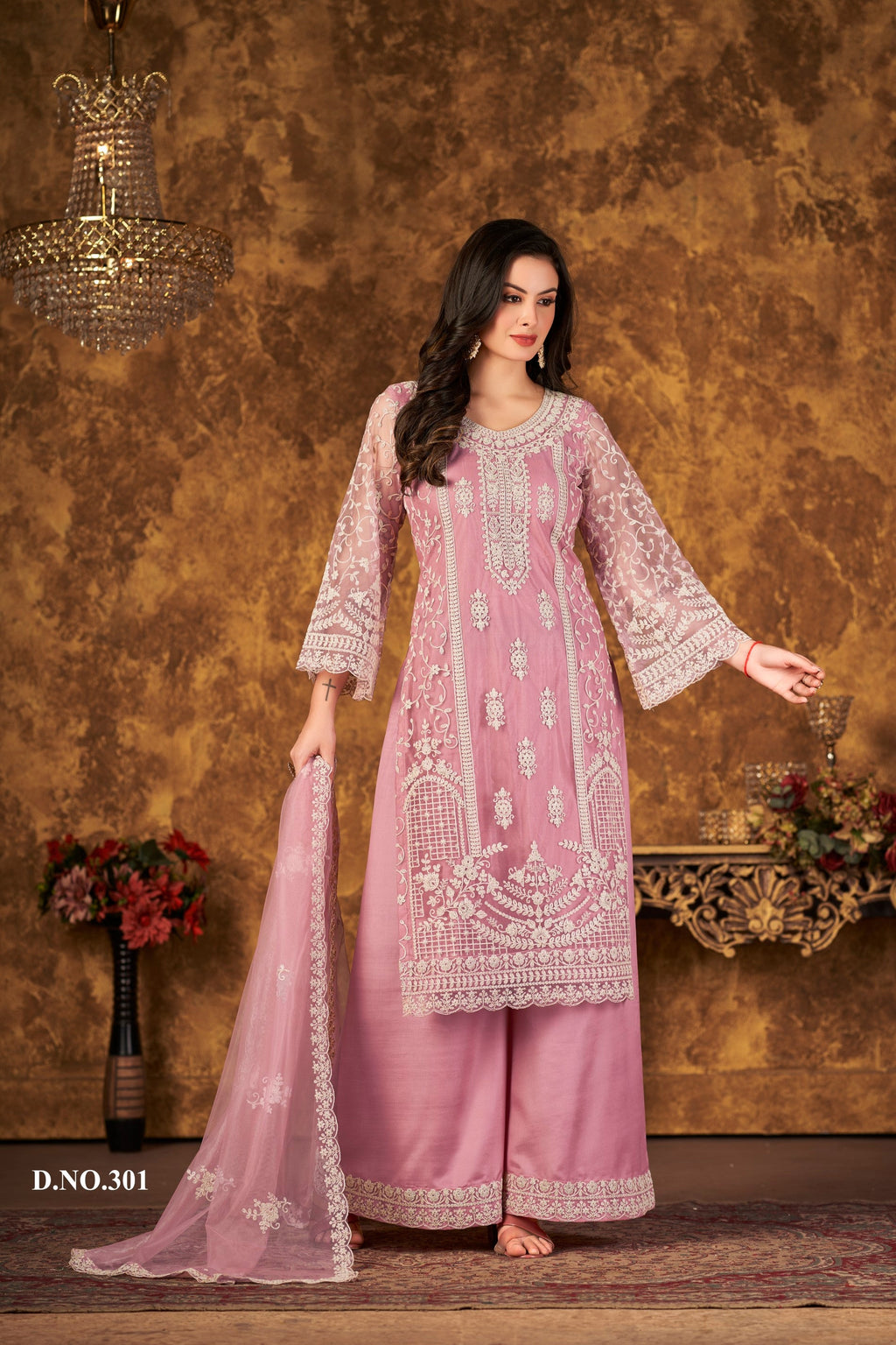 Anaita Pink Embroidered Net Plazzo Suit - Distacart