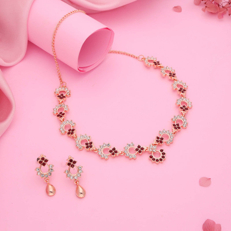 Tehzeeb Creations Gold-Polished Maroon Diamond Necklace With Earrings