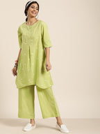 Sangria Women Green & White Embroidered Pure Cotton Asymmetric Kurta with Palazzos