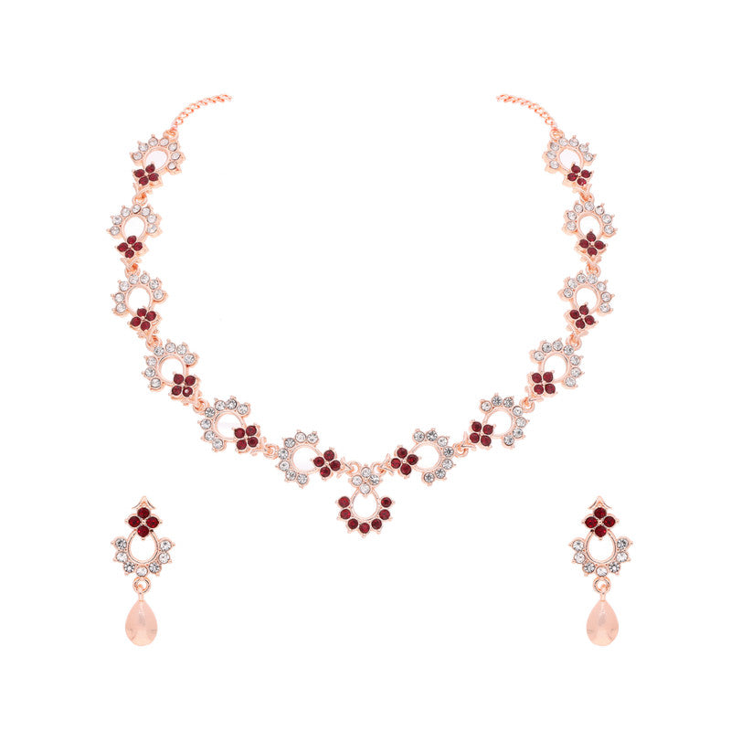 Tehzeeb Creations Gold-Polished Maroon Diamond Necklace With Earrings