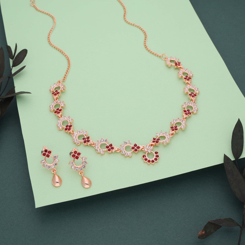 Tehzeeb Creations Gold-Polished Maroon Diamond Necklace With Earrings