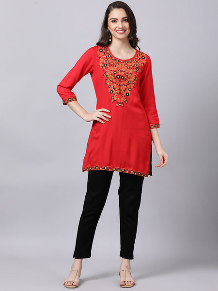 Souchii Women Red Yoke Design Thread Work Grandeur & Majestic Artwork Kurta