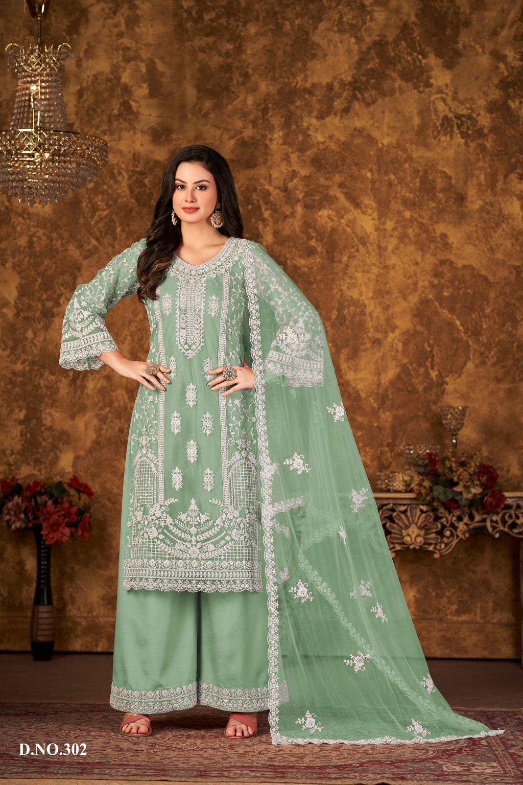 Anaita Light Green Embroidered Net Plazzo Suit - Distacart