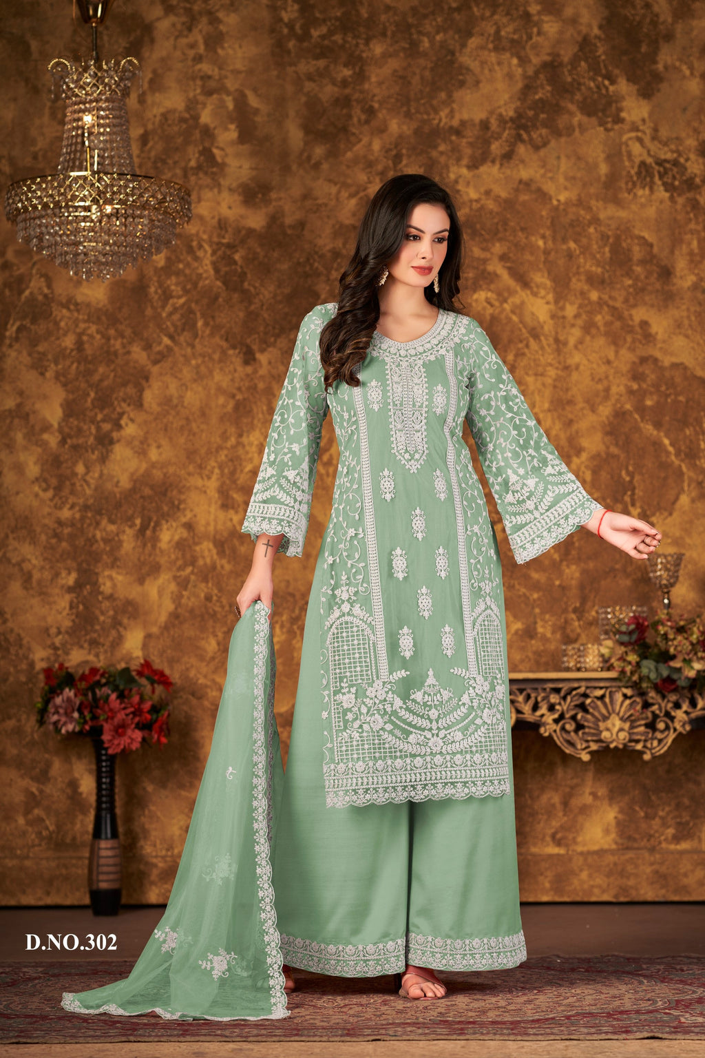 Anaita Light Green Embroidered Net Plazzo Suit - Distacart