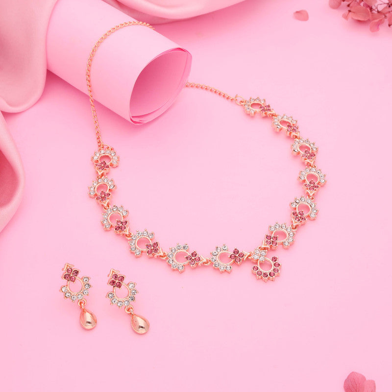 Tehzeeb Creations Gold-Polished Pink Diamond Necklace With Earrings