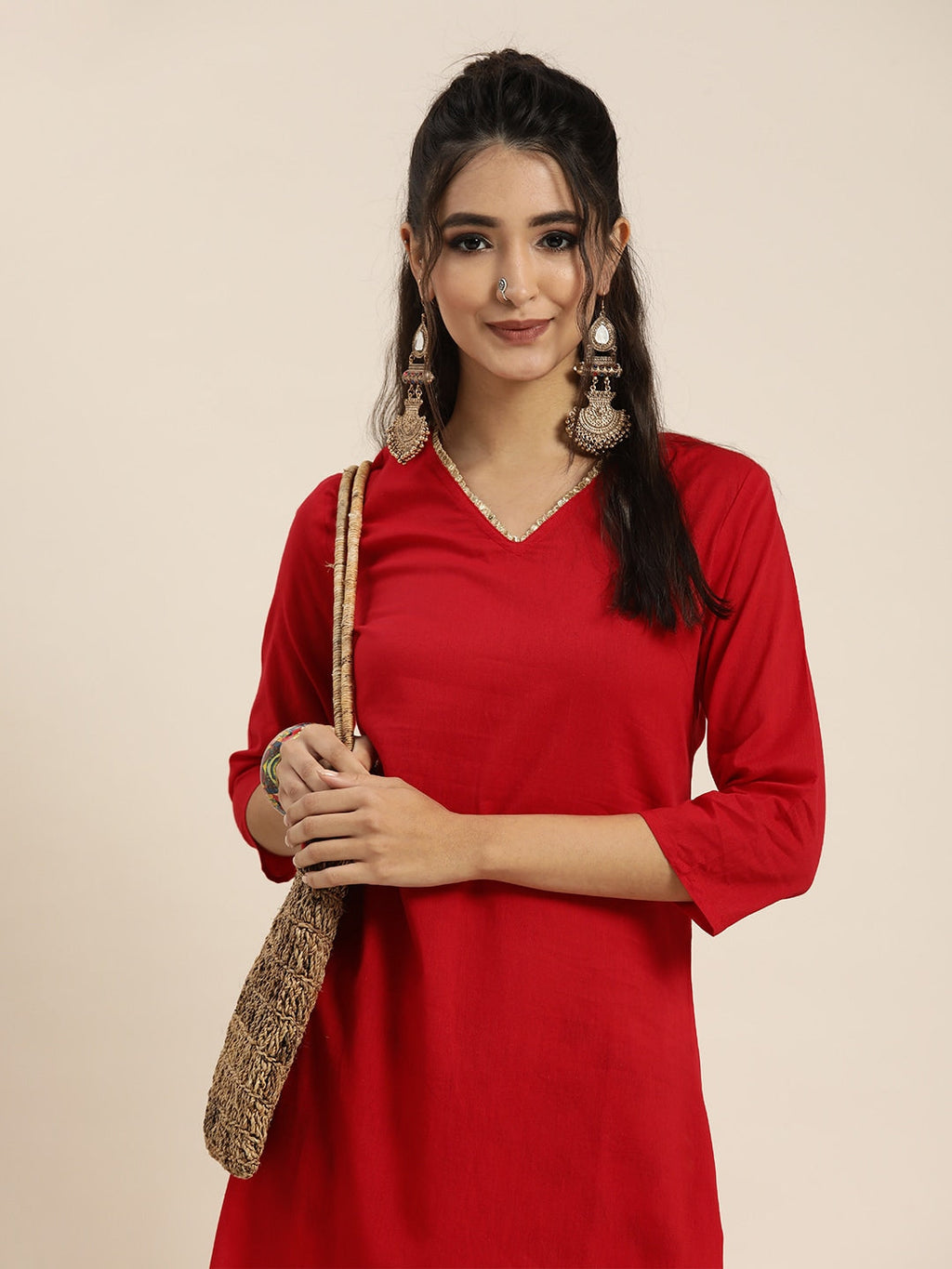 Sangria Women Red Solid Pure Cotton Gotta Patti Kurta with Abstract Print Trousers
